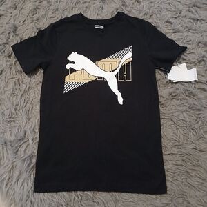 Puma T-Shirt Boys Kids M (10/12) Short Sleeve Crew Neck Graphic Logo Golden Whi
